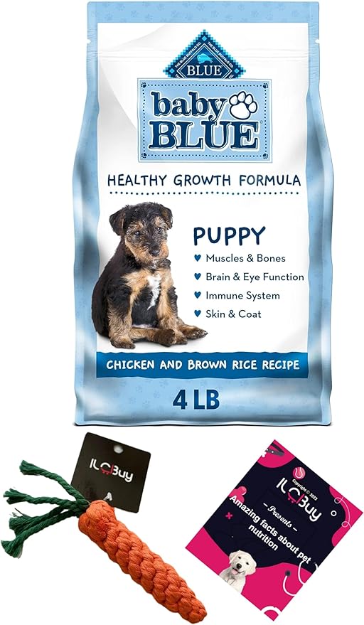 Baby Blue Puppy Food Bundle, Includes 01 Bag(4 LB) Baby Blue Healthy Growth Formula with Chicken and Brown Rice,01 Carrot Dog Toys and 01 Booklet About Pet Nutrition.