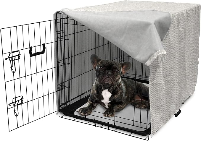 Lunarable Chevron Dog Crate Cover, Hand Drawn Monochrome Herringbone Lines Composition of Abstract Zigzags, Easy to Use Pet Kennel Cover for Cats & Medium Dogs, 24 Inch, White Beige