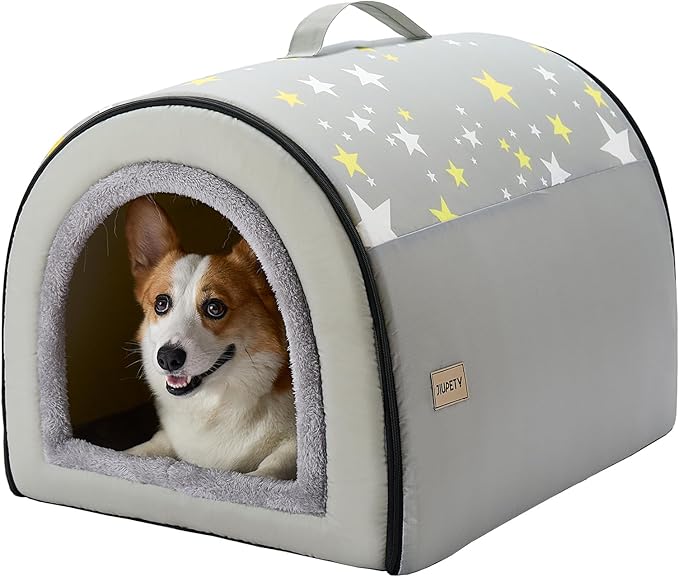 Jiupety Indoor Dog House, 2-in-1 Portable Foldable House Bed with Cover, Pet Tent & Cave Bed for Medium Dogs, XL(29"×21"×20"), Up to 44 Lb, Grey