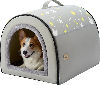 Jiupety Indoor Dog House, 2-in-1 Portable Foldable House Bed with Cover, Pet Tent & Cave Bed for Medium Dogs, XL(29"×21"×20"), Up to 44 Lb, Grey