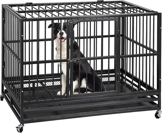 48 inch Heavy Duty Dog Crate, Indestructible Dog Crates for Large Dogs, Cage Kennel with Wheels&Brakes, Sturdy Locks Design, Double Door and Removable Tray, for Medium & Large Pets