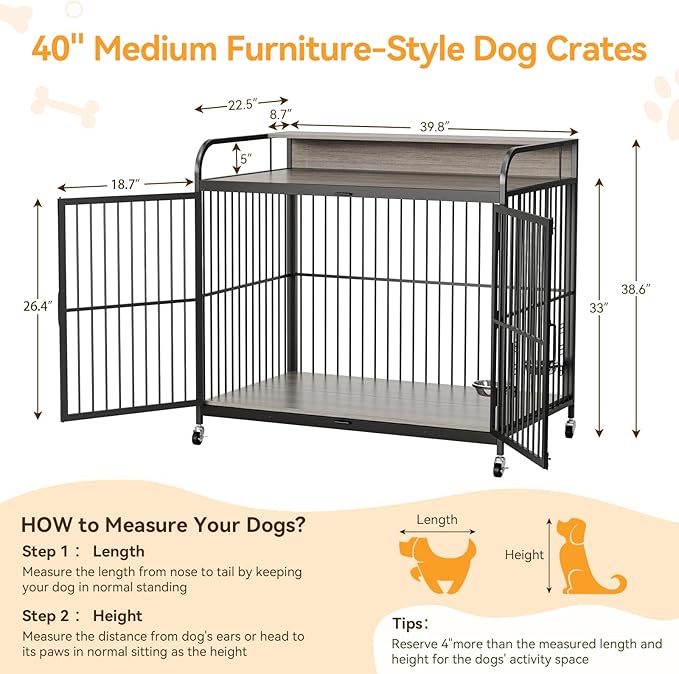 Dog Crate Furniture, Dog Crate Indoor with Adjustable Height Bowls, Wooden Heavy Duty, 39.8 Inch Dog Kennel Furniture for Medium Dogs, 39.8" L X 22.5" W X 38.6" H,Grey