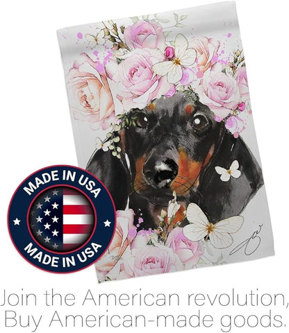 Breeze Decor Dachshund Floral House Flag Set Dog Puppy Spoiled Paw Canine Fur Pet Nature Farm Animal Creature Decoration Banner Small Garden Yard Gift Double-Sided, Made in USA
