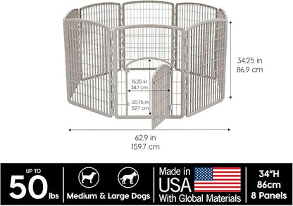 IRIS USA Dog Playpen, 8-Panel 34" Pet Playpen with Door, Puppy Playpen, Indoor/Outdoor Dog Pen, 63 x 63 x 34, Foldable, Customizable, Chrome