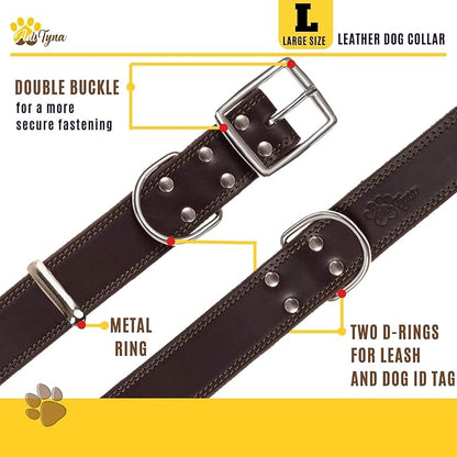 ADITYNA Heavy Duty Leather Dog Collar for Large Dogs - Soft and Strong Leather Dog Collar for Walking, Training, Hiking, Hunting, and Running (Large: Fit 17" - 23" Neck, Brown)