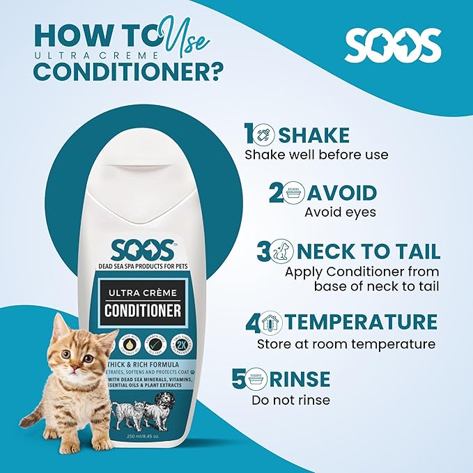 Soos Pets Ultra Crème Conditioner for Dogs and Cats | Natural Dead Sea Minerals | Smoothness, Polish Deeply | Absorbing with Vitamins Essential Oils Natural Ingredients - 250ml