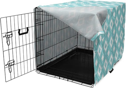 Lunarable Geometric Dog Crate Cover, Nested Diagonal Squares with Tiny Polka Dots Symmetric Repetition, Easy to Use Pet Kennel Cover for Cats & Medium Dogs, 30 Inch, White and Pale Teal