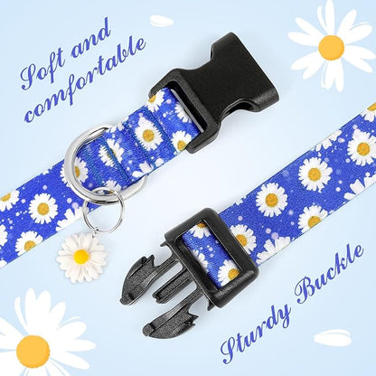 BiPawTi Floral Dog Collars for Large Dog - Soft Cute Dog Collars for Girls Dog Pretty Flower Collar with Daisies Charms, Gift for Female Male Boys Girls Dogs (L, Blue)