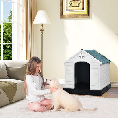 DWVO Large Outdoor Dog House, Plastic Doghouse with Air Vents and Ground Nails, Insulated Water Resistant Puppy Shelter for Small Medium Dogs (28.5''L x 26''W x 28''H, Gray)