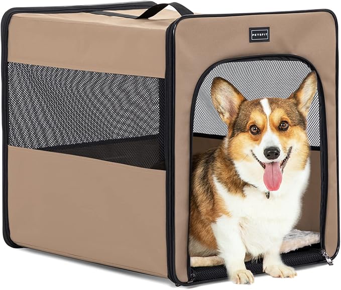 PETSFIT Collapsible Dog Crate, Dog Travel Crate - 24 Inch with Thicken Mat, Easy to Fold, Sturdy and Portable, Perfect for Traveling, Soft Sided Dog Crate Khaki