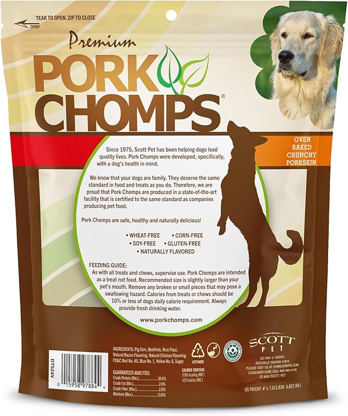 Pork Chomps Dog Chews, 4-inch Crunchy Bones, Bacon and Chicken Flavor, 12 Count