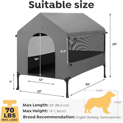 Veehoo 35" Dog House, 2-in-1 Large Dog House Outdoor Indoor Weatherproof, Outside Elevated Dog Cot Bed Dog Tent Shade, Three-Sided Breathable Mesh Windows and Sunshades, CWC2435CP