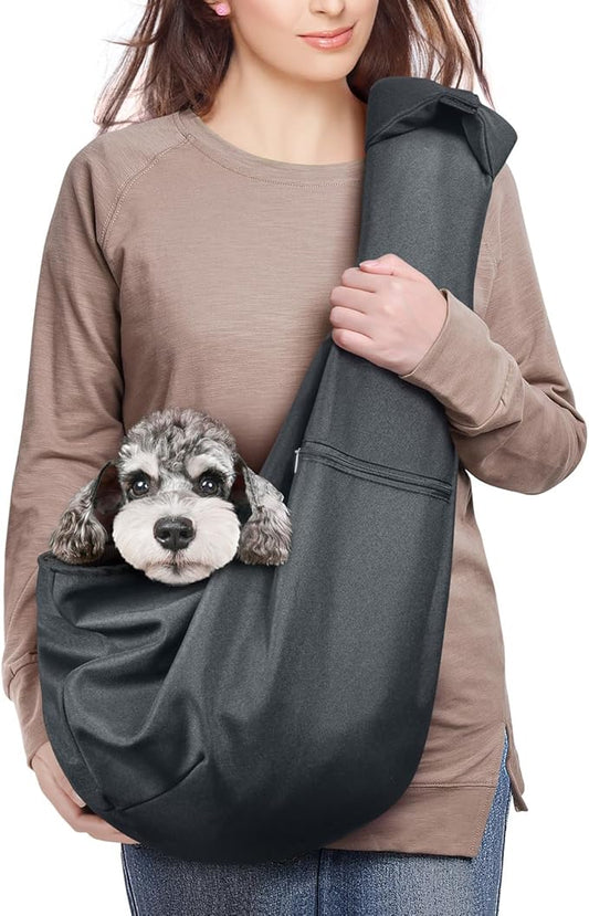 Dog Cat Sling Carrier Adjustable Padded Shoulder Strap with Zipper Pocket for Outdoor Travel (Black)