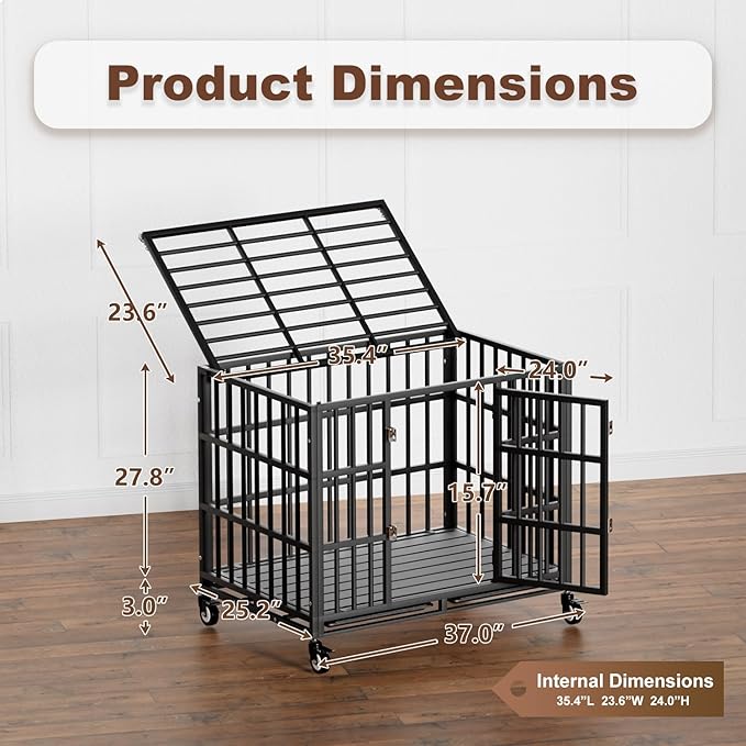 38 Inch Heavy Duty Dog Crate with Wheels，Indestructible Escape-Proof Dog Cage for Large Dogs, Extra Large XL XXL Indestructible Dog Crate with Removable Tray.