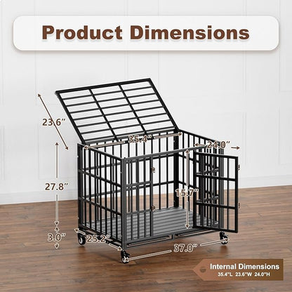 38 Inch Heavy Duty Dog Crate with Wheels，Indestructible Escape-Proof Dog Cage for Large Dogs, Extra Large XL XXL Indestructible Dog Crate with Removable Tray.
