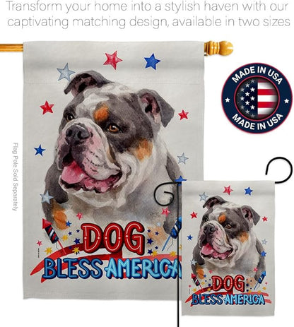 Breeze Decor Patriotic Merle Bulldog House Flag Pack Dog Puppy Spoiled Paw Canine Fur Pet Nature Farm Animal Creature Applique Banner Small Garden Yard Gift Double-Sided, Made in USA