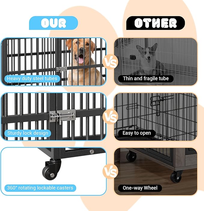 Heavy Duty Dog Crate, 52 Inch Dog Crate with Double Door, 360° Lockable Wheels and Removable Tray, Easy to Assembly，Indoor Dog Cage for Small Medium Large Dogs