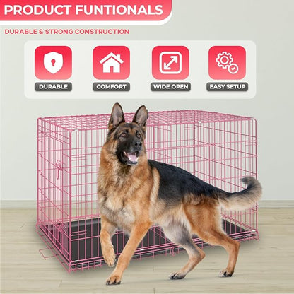 FDW Dog Crate for Large Dogs 42 Inch Folding Metal WirePet Cage Double Door W/Divider Panel Indoor Outdoor Kennel Leak-Proof Plastic Tray,Pink