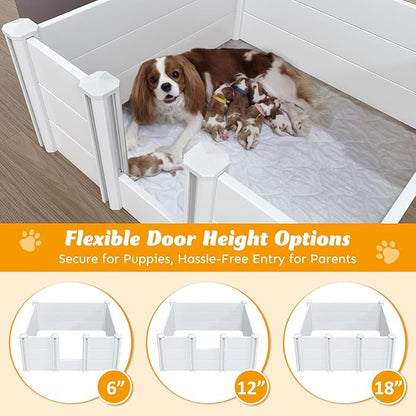 Whelping Box for Dogs, PVC Waterproof & Rustproof Puppy Playpen with Adjustable Height Door, Puppy Whelping Supplies & Raised Garden Bed, Easy Assembly, Indoor/Outdoor Use, 48x48x18in