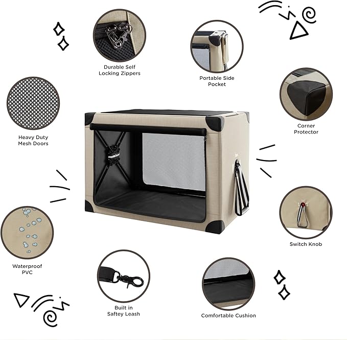 Collapsible Dog Crate - 32 Inch Portable Foldable Travel Crates for Medium Dogs with Detachable Storage Bag, Removable Pad, and Mesh Windows for Outdoor & Indoor (Beige)