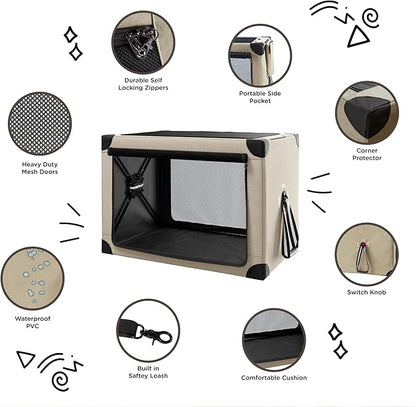 Collapsible Dog Crate - 32 Inch Portable Foldable Travel Crates for Medium Dogs with Detachable Storage Bag, Removable Pad, and Mesh Windows for Outdoor & Indoor (Beige)