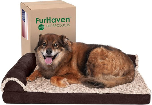 Furhaven Memory Foam Dog Bed for Large/Medium Dogs w/ Removable Bolsters & Washable Cover, For Dogs Up to 55 lbs - Two-Tone Plush Faux Fur & Suede L Shaped Chaise - Espresso, Large