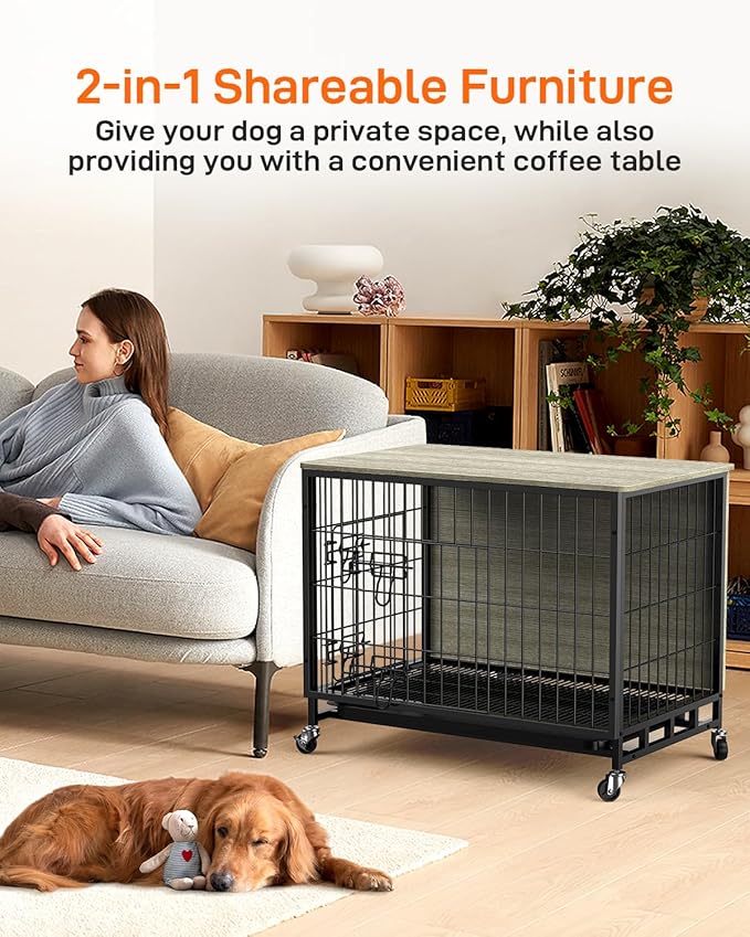 2024 New Dog Crate Furniture, Compact 27.2" Small Dog Dual-Entry Kennel Meets Elegant End Table, Effortless Maintenance, Chew-Resistant, Easy Mobility for Cozy Spaces, Rustic Gray