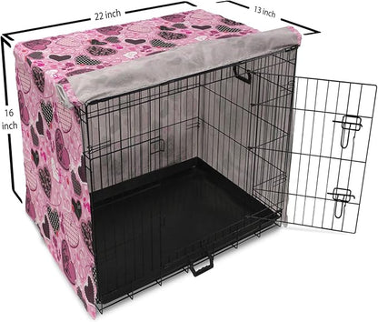 Lunarable Hearts Dog Crate Cover, Sewing Themed Love with Polka Dots Valentine's Day Inspired Image, Easy to Use Pet Kennel Cover for Small Dogs Puppies Kittens, 22 Inch, Pink Black White