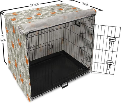 Lunarable Autumn Fall Dog Crate Cover, Fox Animal Sleeping in The Forest Plants Woodland Wildlife Theme, Easy to Use Pet Kennel Cover for Cats & Medium Dogs, 24 Inch, Orange Grey White