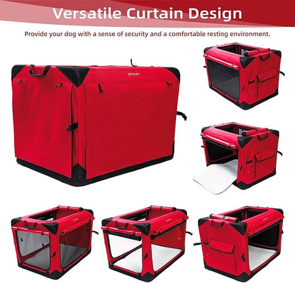 Pettycare 26 Inch Collapsible Dog Crate with Curtains Travel Dog Crate for Airflow and Calm Soft Pet Kennel with Portable Bag and More Chew Proof Mesh Indoor & Outdoor Red 4 Door Curtains