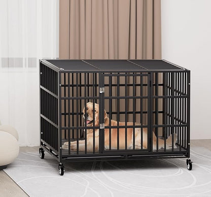 38 Inch Heavy Duty Dog Crate with Wheels，Indestructible Escape-Proof Dog Cage for Large Dogs, Extra Large XL XXL Indestructible Dog Crate with Removable Tray.