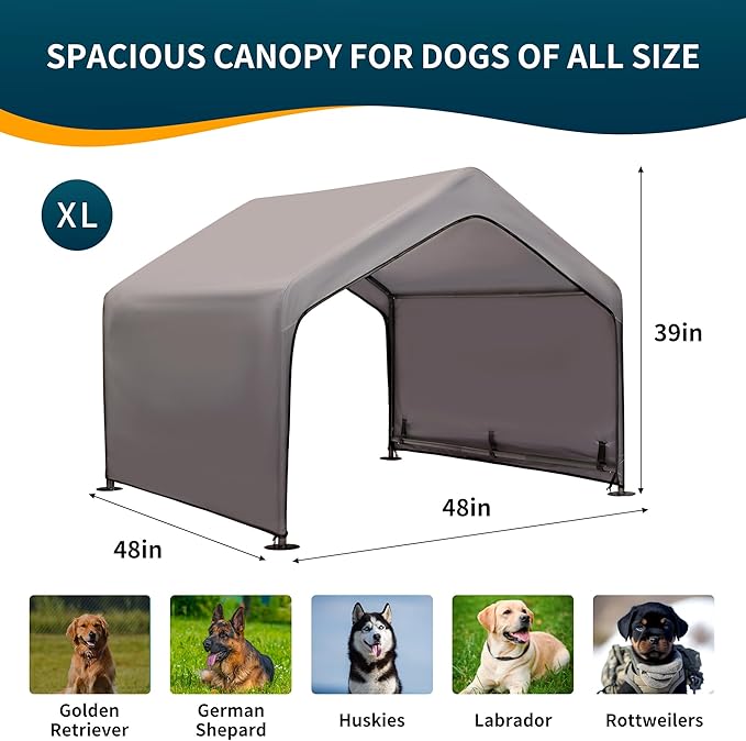 Dog Tent Outdoor, Extra Large Dog House Outside, Big Dog Shade Shelter Waterproof Weatherproof Doghouse Canopy with Ground Nails, Sun Rain Cover for Pet Cat Goat Livestock, 4'x 4'x 3.3', Gray