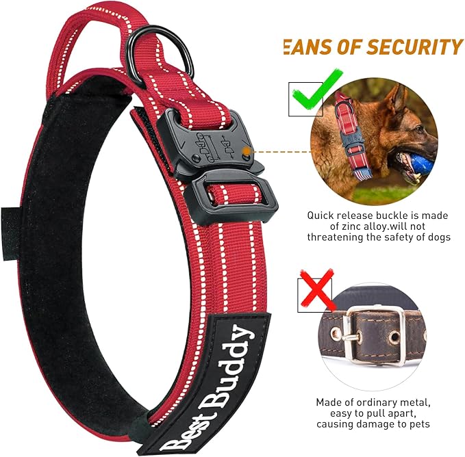 AUBELL Reflective Dog Collar, Tactical Dog Collar Military Dog Collar Adjustable Nylon Dog Collar with Handle and Heavy Metal Buckle Great for German Shepherd, with Airtag Case and Patches(Red, L)