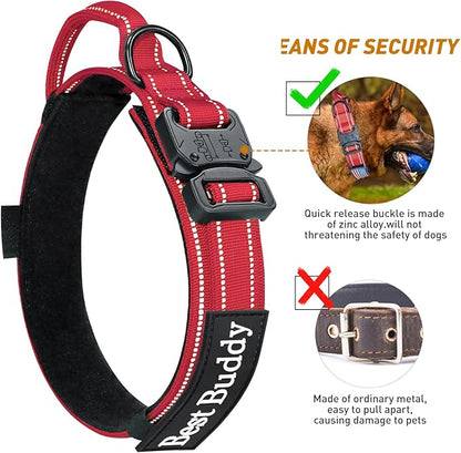 AUBELL Reflective Dog Collar, Tactical Dog Collar Military Dog Collar Adjustable Nylon Dog Collar with Handle and Heavy Metal Buckle Great for German Shepherd, with Airtag Case and Patches(Red, L)
