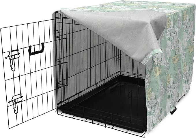 Lunarable Traditional Dog Crate Cover, Japanese Cranes Peonies Cultural Aspects Symbolic of Happy Life, Easy to Use Pet Kennel Cover for Medium Large Dogs, 48 Inch, Avocado Green Pale Green