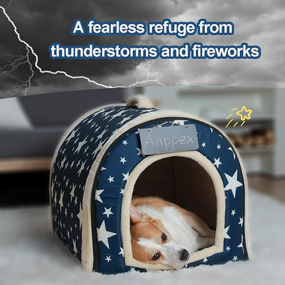 ANPPEX Large Igloo Dog House Indoor,2XL Size Dog Cave for Large and Medium Dogs,2-in-1 Washable Covered Dog Bed,Blue