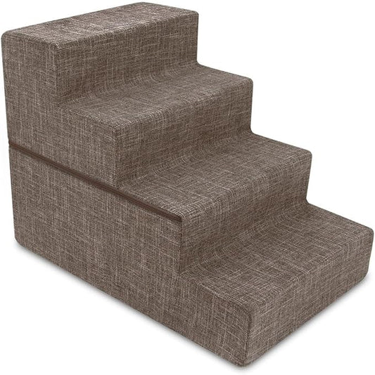 Best Pet Supplies Portable Foldable Foam Pet Stairs/Steps for Couch, Sofa, and High Bed, Non-Slip Bottom Balanced Paw Safe - Brown Linen, Foldable 4-Step (H: 22")