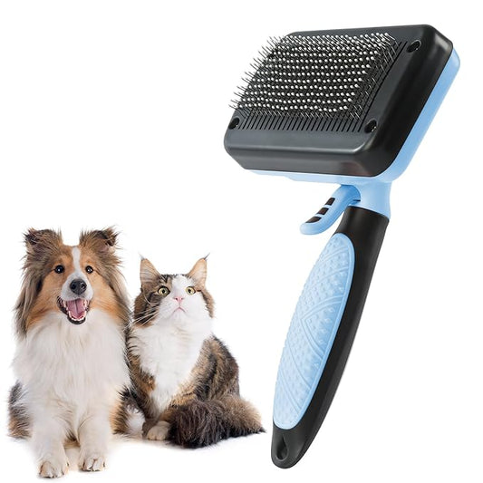 Dog & Cat Hair Brush,Self Cleaning Slicker Brush for Long Short Hair,Shedding & Grooming Pet Brush with Soft Bristle and Release Button,Blue