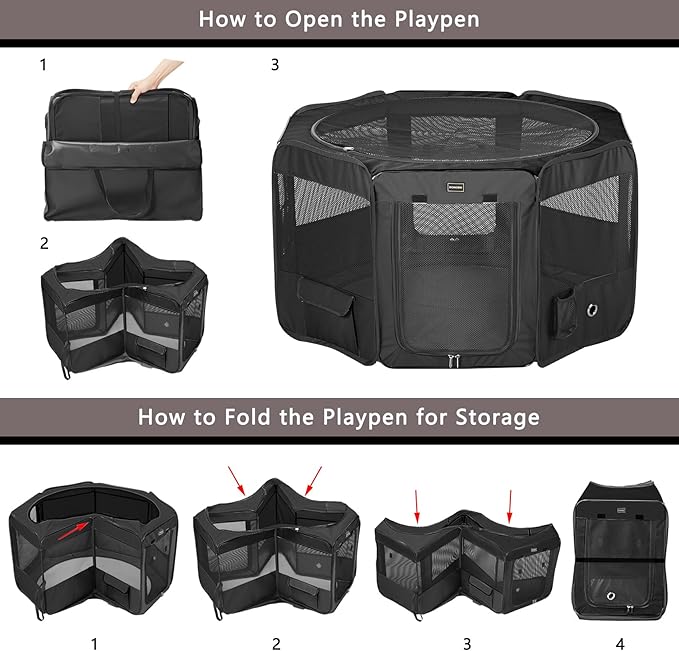 DONORO Dog Playpen Portable Pet Play Pens for Small Dog/Cat/Rabbit/Chicks, Cat Playpen Indoor/Outdoor with Carring Case, Removable Zipper Top and Bottom (Black, Medium (36"x36"x20"), 8)