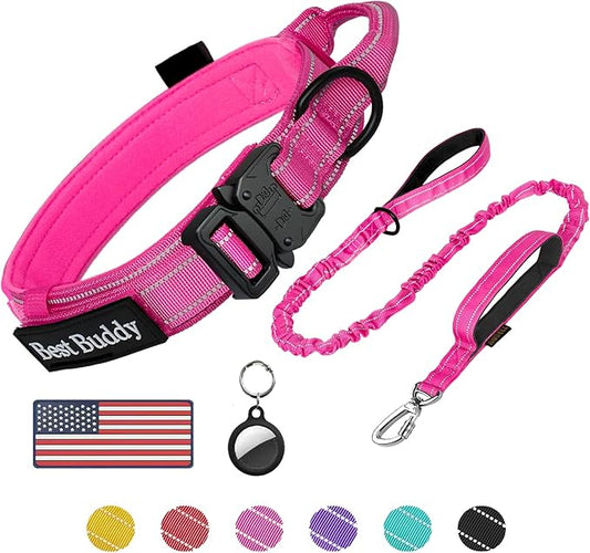 AUBELL Tactical Dog Collar and Leash Set, Adjustable Military Nylon Reflective Dog Leash and Collar with Handle and Heavy Metal Buckle for Medium Large Dogs, with Airtag Holder and 2 Patches(Pink, L)