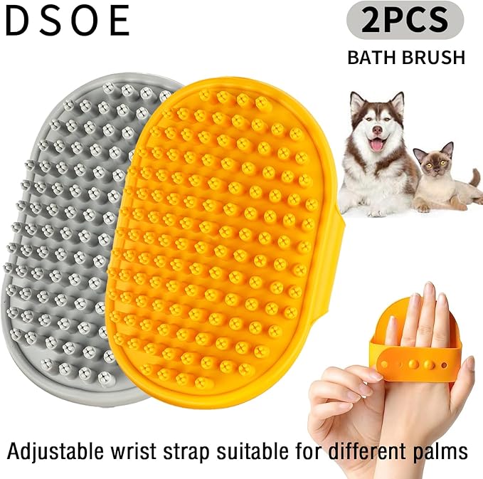 Dog Bath Brush | Dog Grooming Brush, Dog Shampoo Massage Bath Brush Comb with Adjustable Loop Handle for Grooming Short and Long Hair Cats and Dogs, 2pcs(Plum Brush Head, Orange + Grey)