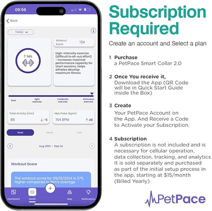 AI Health Monitor & GPS Tracker for Dogs | Track Heart Rate, Pain, Anxiety & Stress | Vet Backed, Near Real-Time Alerts & Monitoring | Subscription Required | PetPace Smart Collar 2.0 (Medium)