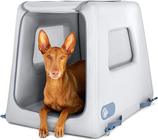 Diggs Enventur Medium Soft Dog Crate - Portable Indoor & Outdoor Dog Kennel - Inflatable Ultra-Durable Travel Crate for Safe Car Travel & Adventures - 34" L x 22.5" W x 27" H (Grey)