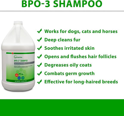 Vetoquinol BPO-3 Shampoo for Dogs, Cats & Horses (3% Benzoyl Peroxide) – 128oz – Deep Cleaning, Medicated Shampoo Opens & Flushes Hair Follicles – Degreases Oily Coats – Soothes Red, Flaky, Itchy Skin