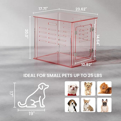 Sumerflos Acrylic Dog Crate Furniture - Clear Pink Dog Kennel End Table for Small Dog Cat Pet, Indoor Lockable End Table Dog Crate Ventilated See-Through, 23.6" L x 17.7" W x 20.0" H