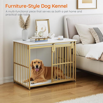 HOOBRO Dog Crate Furniture, 36.6" Heavy Duty Dog Kennel with Sliding Barn Door, Decorative Dog Crate Indoor, End Side Table for Small/Medium Dog, White and Gold DW162GW03G1