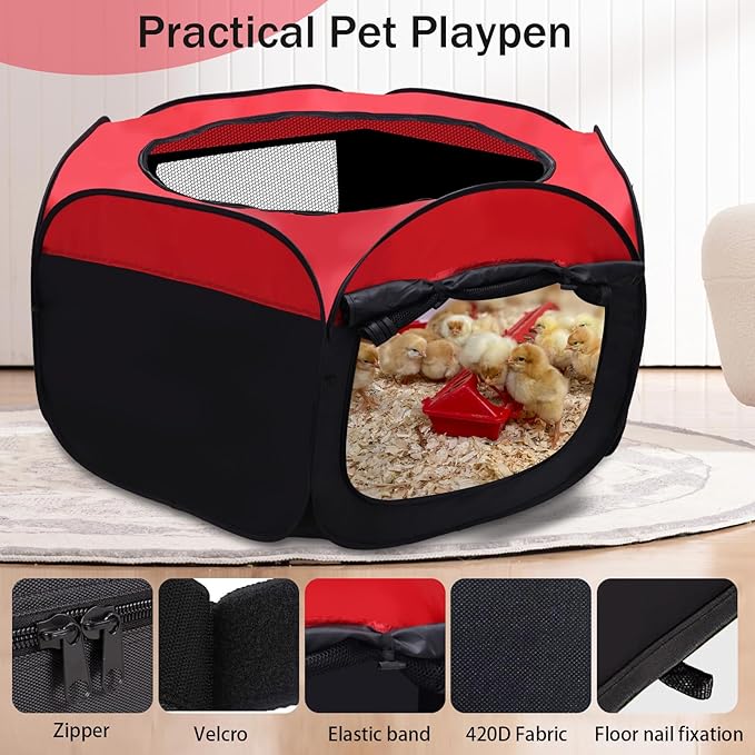 Foldable Brooder Box for Chick,Chick Fence Portable Dog Playpen Cage with Floor Mat, Large Dog Tent Oxford Fabric Cage Indoor/Outdoor, Red and Black