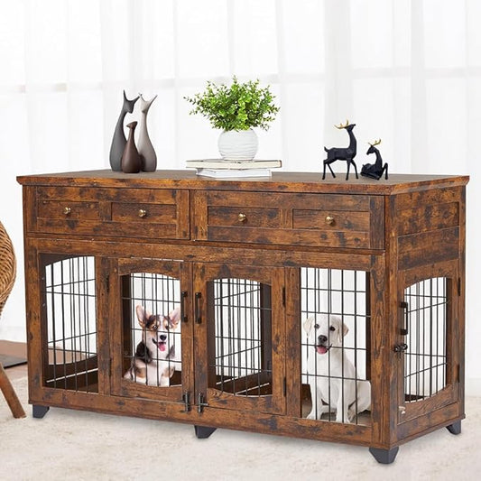 2 Rooms Dog Crate Furniture with Openable Partition,58" Wooden Dog Crate Table with 2 Drawers,5-Doors Dog Furniture,Indoor Dog Kennel,Dog House,Dog Cage,TV Stand (Brown)
