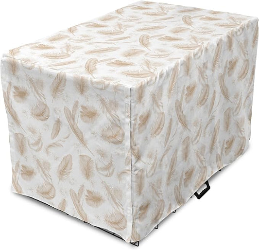 Lunarable Cream Dog Crate Cover, Fluffy Soft Flying Bird Feathers Hand Drawn Style Tender Nature Plumage Pattern, Easy to Use Pet Kennel Cover for Small Dogs Puppies Kittens, 22 Inch, Pale Tan White