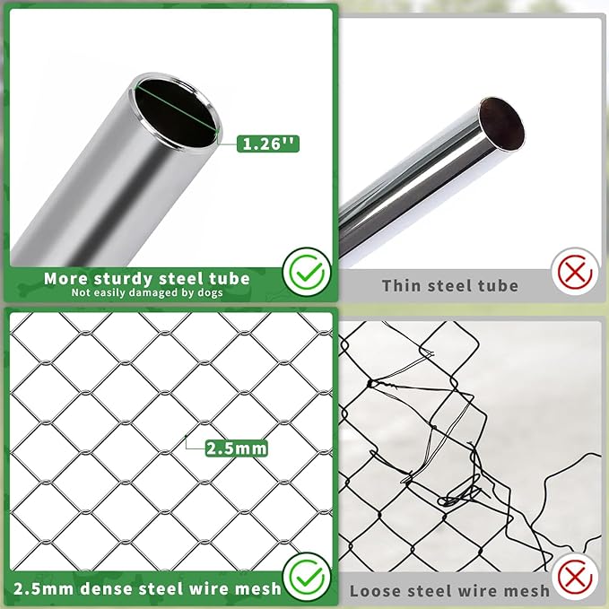 Rovibek Dog Kennel Outside, Outdoor Dog Kennel with Roof, 10'×10' Puppy Enclosure Outside, Out-Side with 2 Stainless Steel Bowls and Waterproof Sun-Proof Cover